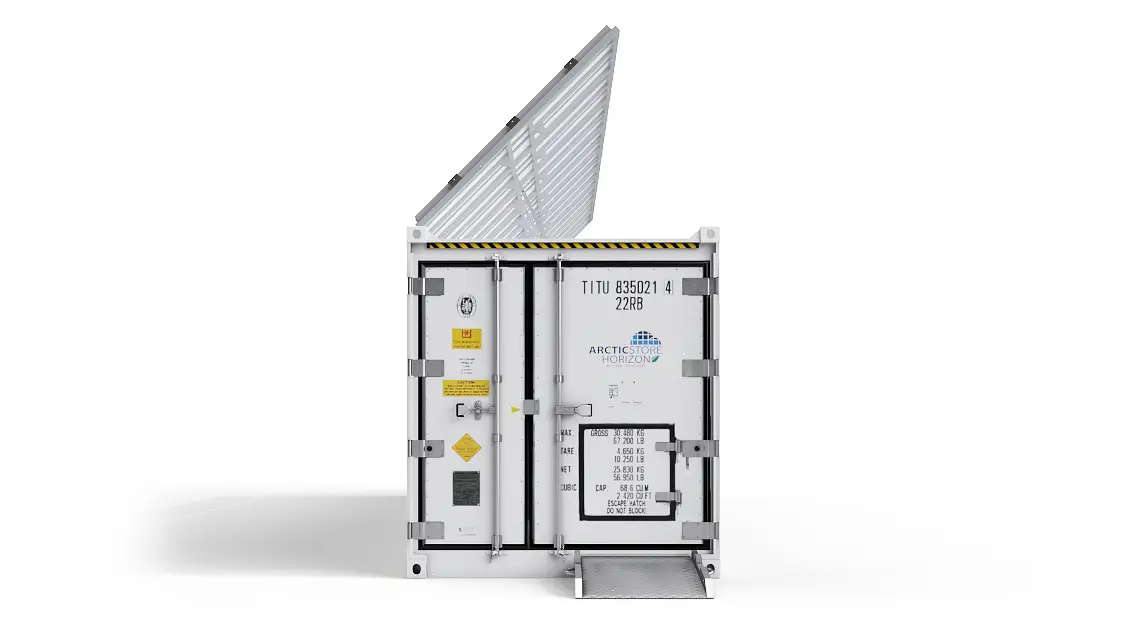 40ft ArcticStore Horizon előoldal Napelemekkel 45 fok